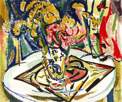 A vibrant abstract painting featuring a bouquet of flowers in a vase, surrounded by vividly colored geometric shapes on a white plate.
