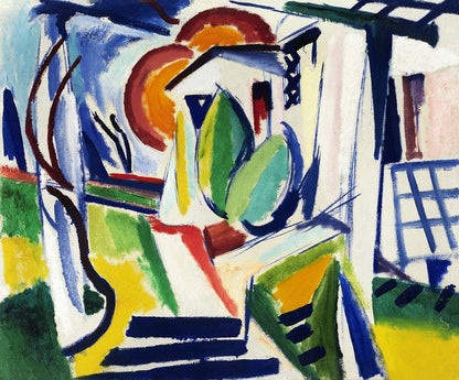 A vibrant abstract painting featuring geometric shapes in multiple colors, including blue, red, yellow, and green.