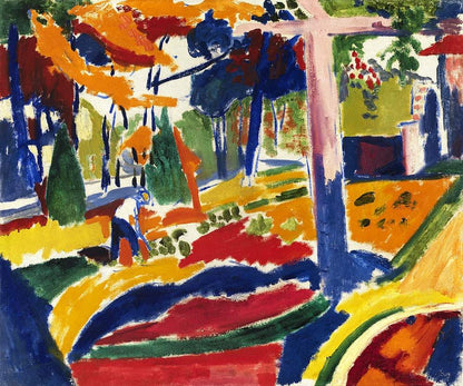 A vibrant abstract painting featuring geometric shapes in various colors, including red, blue, green, and yellow.