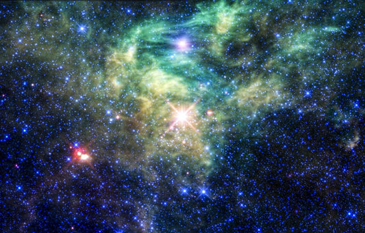 A vibrant print of a gas formation in the constellation Camelopardalis, featuring hues of blue and green with numerous stars.
