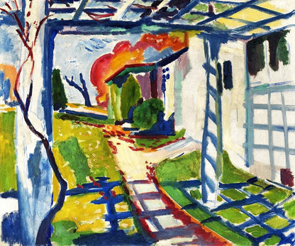 A vibrant abstract painting featuring a garden pathway with a grape arbor, with a style that captures bright colors and geometric patterns.