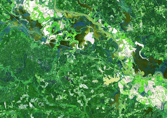 A satellite image of Mid-South USA featuring various shades of green, representing different terrains or land cover types.