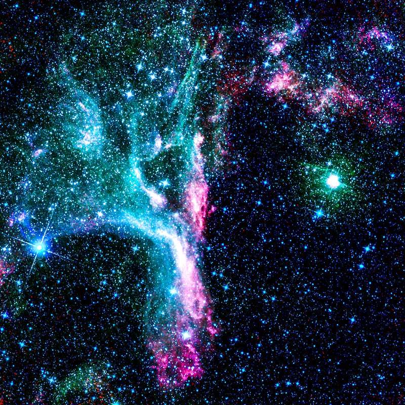 A vibrant image of a nebula with a complex pattern of bright blue, pink, and purple hues against a dark star-filled background, offered as a print-on-demand product.