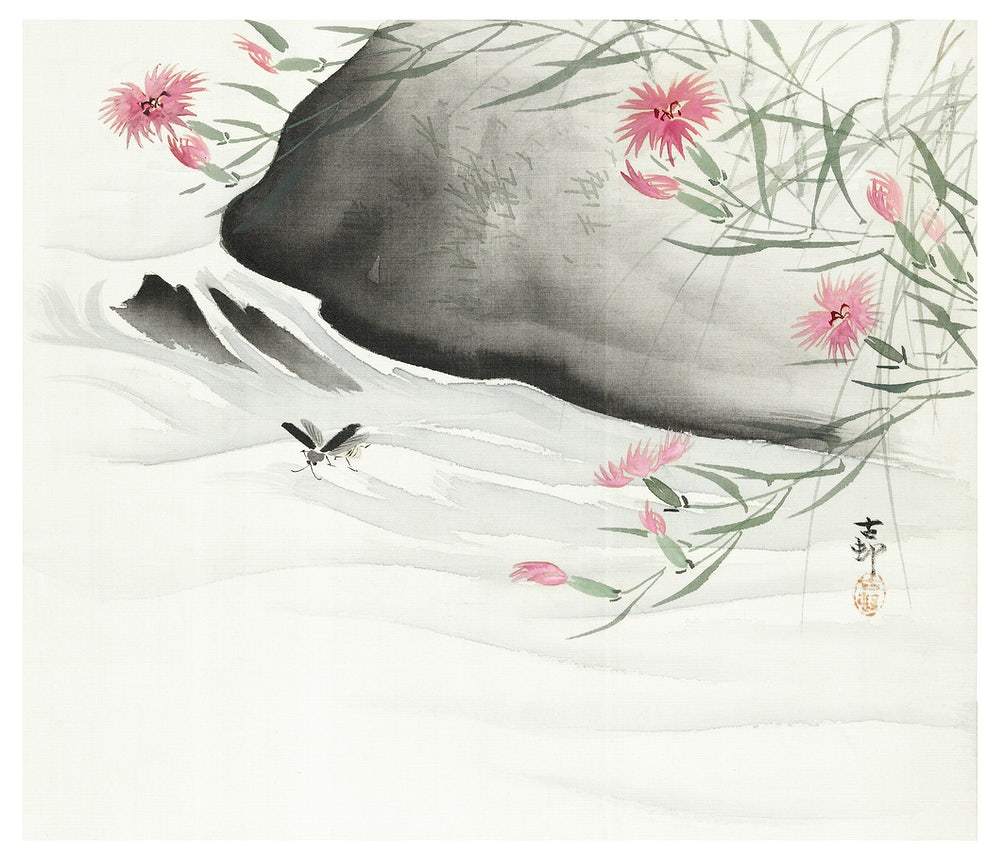 A framed art print featuring a traditional oriental landscape with pink flowers, butterflies, and a grey rock, with a white background.