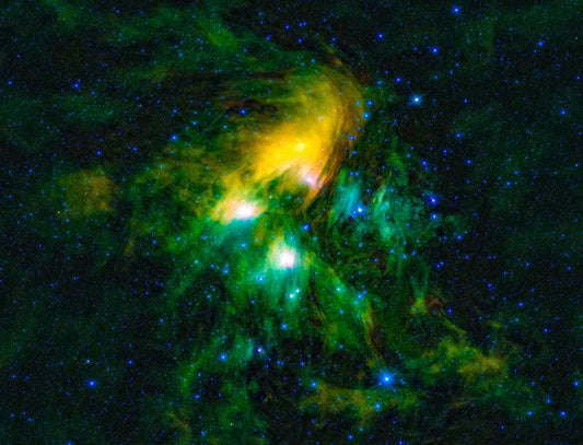 A vibrant image of the Pleiades cluster, depicting a spiral galaxy with bright yellow, green, and blue hues against a starry background.