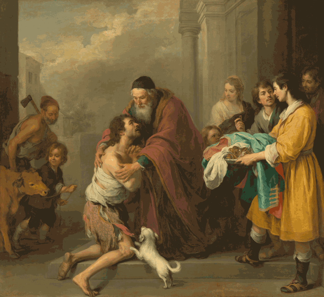 A artwork depicting a religious scene with multiple characters, prominently featuring a father embracing his prodigal son, set against a backdrop of a classical building.