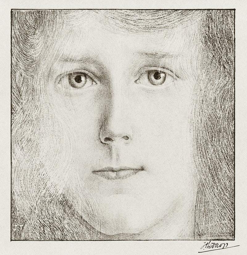 A pencil sketch portrait of Willy Timmerman by Jan Toorop, showing a close-up of a person's face with detailed hair texture and facial features.
