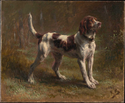 A painting of a briquet hound dog standing in a natural setting with a primarily brown and white color palette.