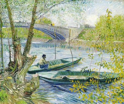 A printed art piece featuring two boats on a river with trees and a bridge in the background, indicative of the Impressionist style.