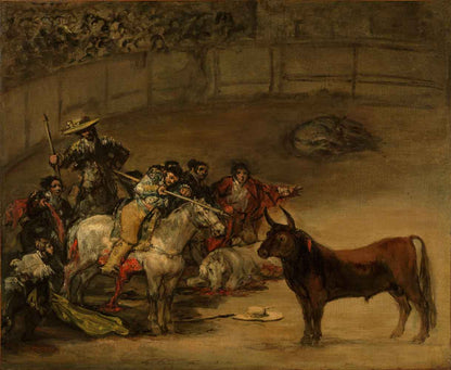 A print of Francisco de Goya's painting 'Bullfight' featuring a dramatic scene with multiple characters interacting with a bull in a斗ring.
