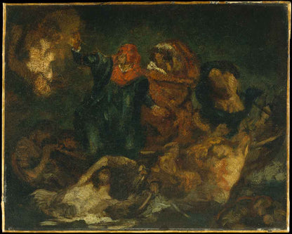A artwork titled 'Bark of Dante' by Manet, featuring a chaotic and dramatic depiction of figures with dark, swirling colors.