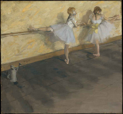 A painting depicting two ballet dancers practicing at a barre, rendered in a soft, impressionistic style with predominantly beige, tan, and white colors.