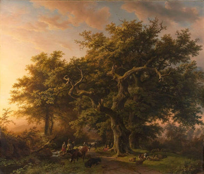 A printed art piece featuring a forest scene with trees, grass, and figures, using vibrant colors.