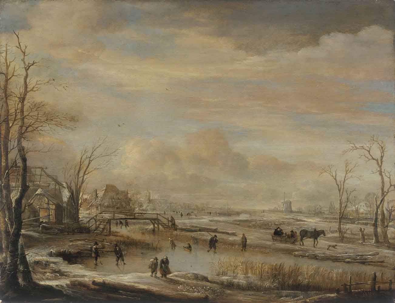 Frozen River with a Footbridge by Aert van der Neer 1650