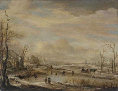 A painting featuring a landscape with a frozen river, footbridge, and figures in a Baroque style.