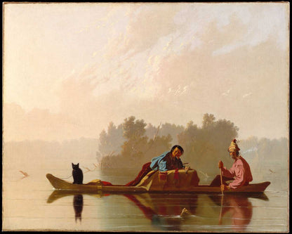 A fine art print of 'Fur Traders by George Caleb Bingham 1845' depicting two individuals in a canoe on a body of water with a backdrop of trees.
