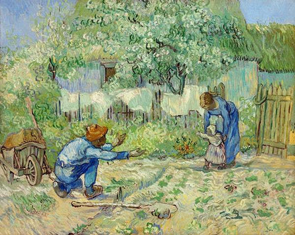 A printed art piece featuring two individuals in a garden setting, with vibrant colors and brush-like textures indicative of Impressionist art style.