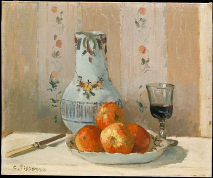A printed artwork featuring a still life with a blue earthenware vase, a glass, and a plate of apples on a table, against a wall with floral decorations.