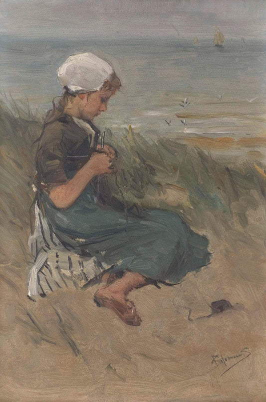 Girl Knitting in the Dunes by Bernardus Johannes Blommers 1870