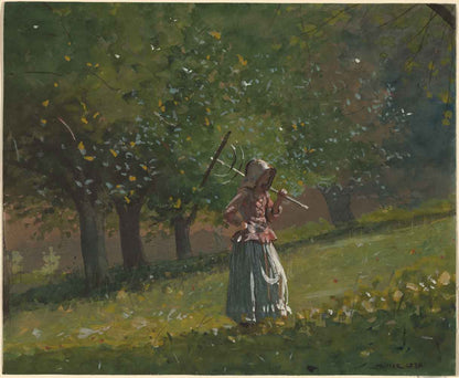 A painting depicting a person in a dress with a hay rake, standing in a grassy area with trees in the background.
