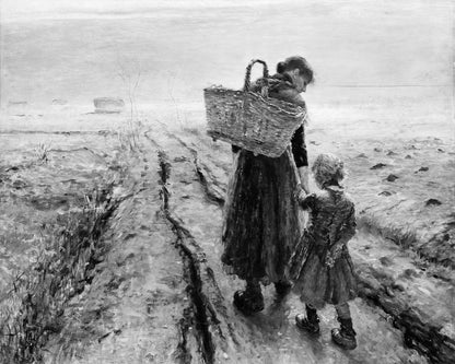 A black and white print of a painting depicting two figures, likely a woman and a child, walking on a dirt path with a basket in hand.
