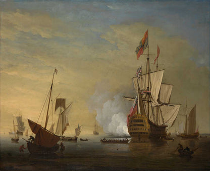 A printed art piece featuring a historical depiction of English ships with sails loosened and one firing a gun, set against a maritime backdrop.