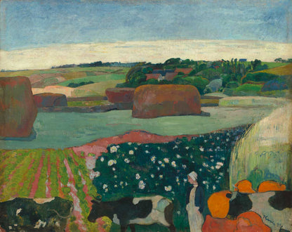 A printed art piece featuring a landscape with haystacks and a bright sky, characteristic of Post-Impressionist style.
