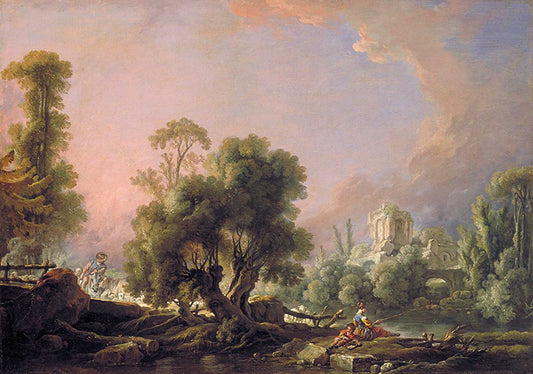 Idyllic Landscape with Woman Fishing by François Boucher 1761