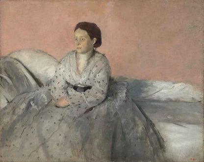 A painting featuring a seated woman dressed in gray, looking towards the viewer, with a pink background.