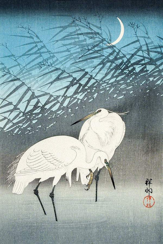 Egrets and Reeds in Moonlight (1926) by Ohara Koson