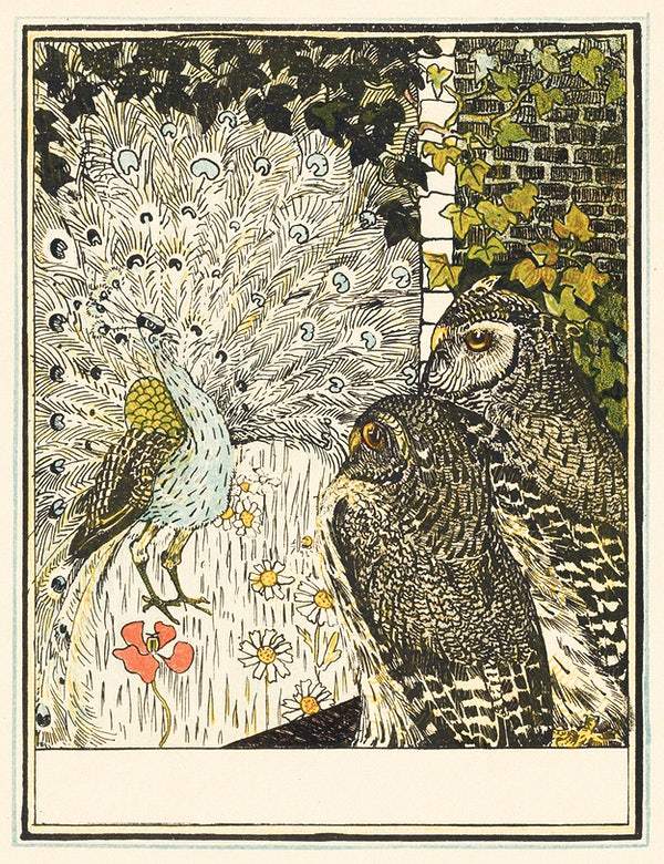 Pronkende pauw en twee uilen (1895) print in high resolution by Theo van Hoytema