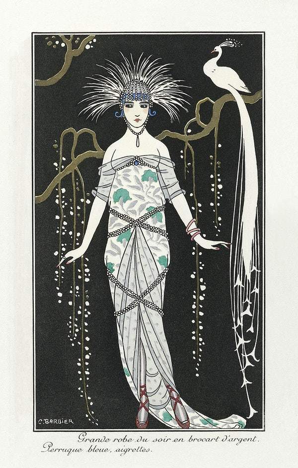 Costumes Parisiens: Grande robe du soir from Journal des Dames et des Modes (1914) fashion illustration in high resolution by George Barbier