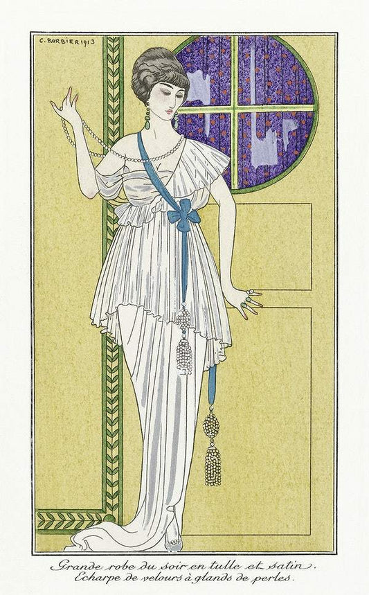 Costumes Parisiens, No. 84: Grande robe du soir from Journal des Dames et des Modes (1913) fashion illustration by George Barbier