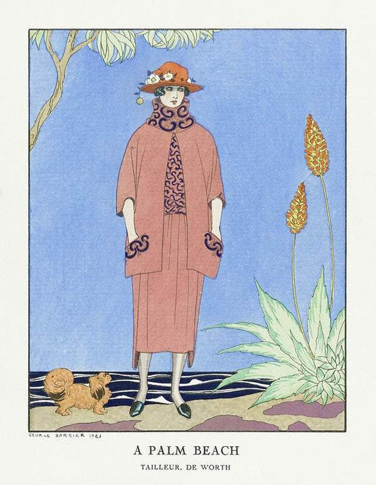 A palm beach: Tailleur, de Worth from Gazette du Bon Ton No. 5 Pl. 40 (1921) fashion illustration in high resolution by George Barbier