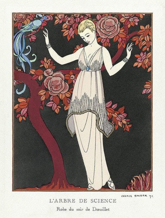 L'Arbre de science: Robe du soir de Doeuillet (1914) fashion illustration in high resolution by George Barbier