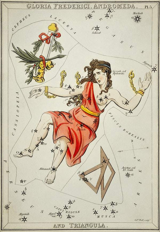 Sidney Hall’s (1831) astronomical chart illustration of Gloria Frederici, Andromeda