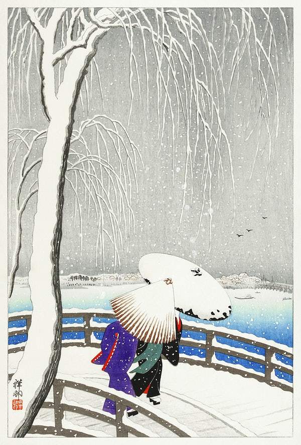 Two women in the snow on Yanagi Bridge (1927) by Ohara Koson