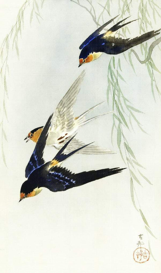 Three birds in full flight by Ohara Koson