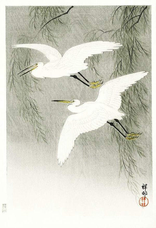 Little Egrets in flight (1925 - 1936) by Ohara Koson (