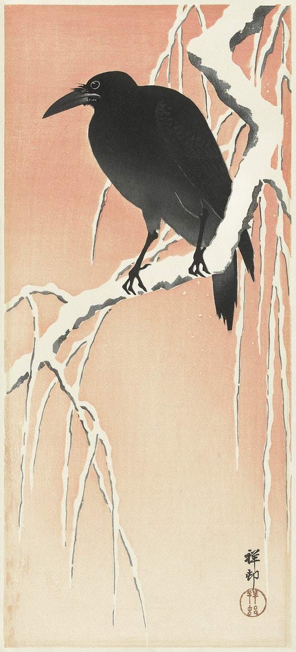 Crow on snowy branch (1900 - 1936) by Ohara Koson