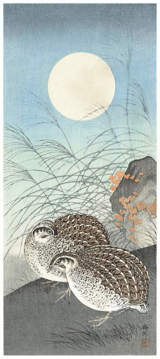 Two quails at full moon (1900 - 1936) by Ohara Koson