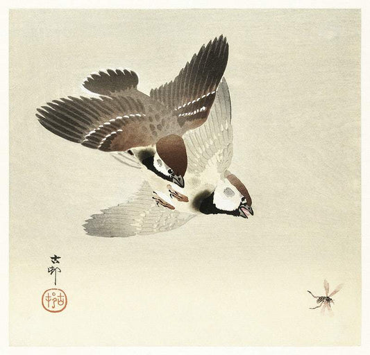 Ring sparrows and insect (1900 - 1936) by Ohara Koson