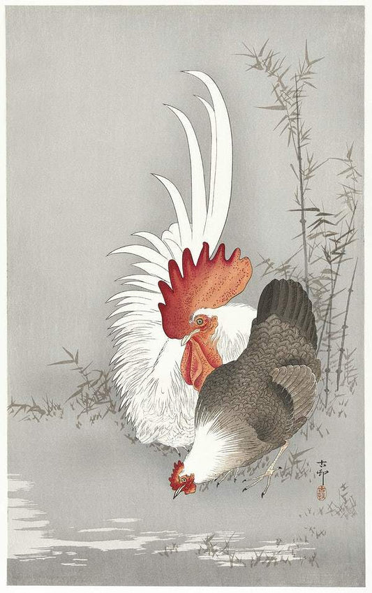 Rooster and chicken (1900 - 1930) by Ohara Koson