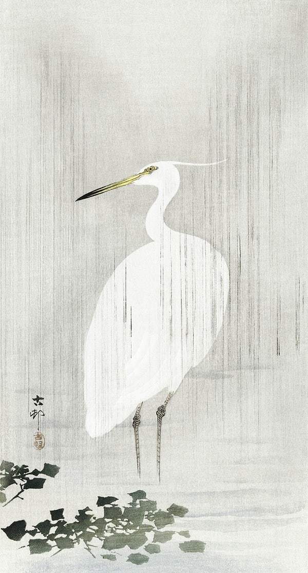 Egret in rain (1900 - 1930) by Ohara Koson