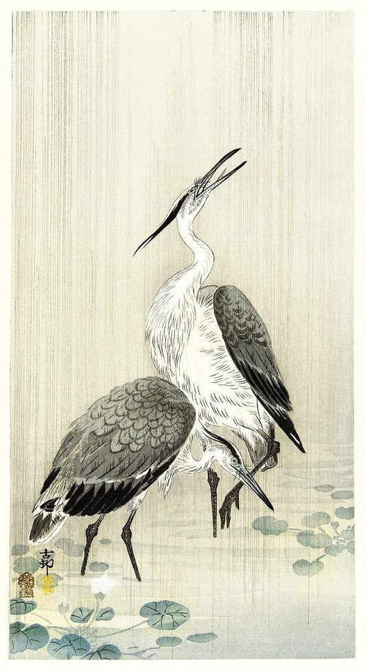 Two herons in the rain (1900 - 1910) by Ohara Koson