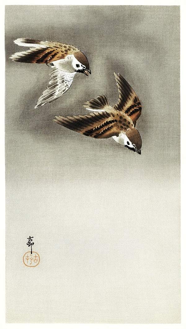 Ring sparrows in snow (1900 - 1930) by Ohara Koson