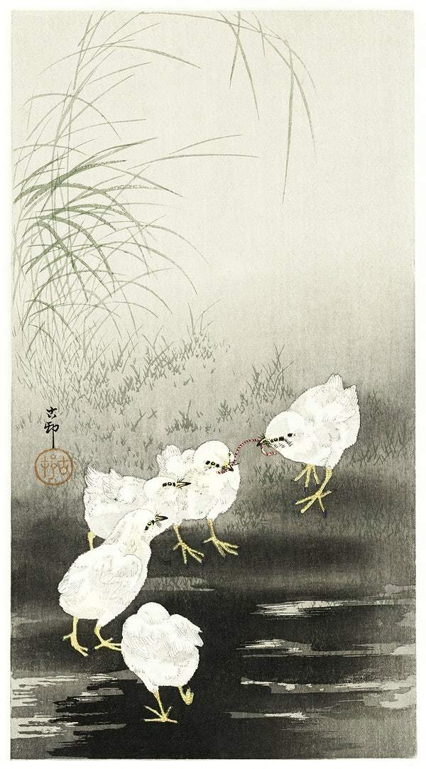 Chicks eating worms (1900 - 1930) by Ohara Koson