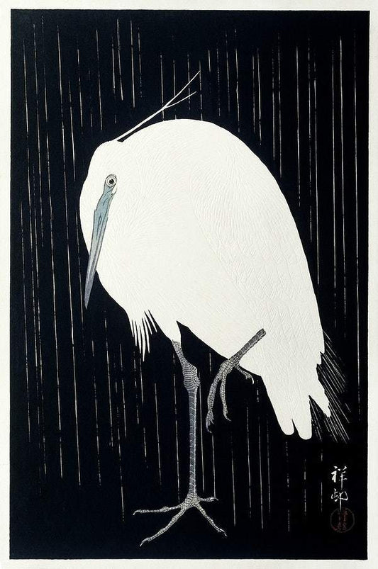 Egret in the rain (1925 - 1936) by Ohara Koson