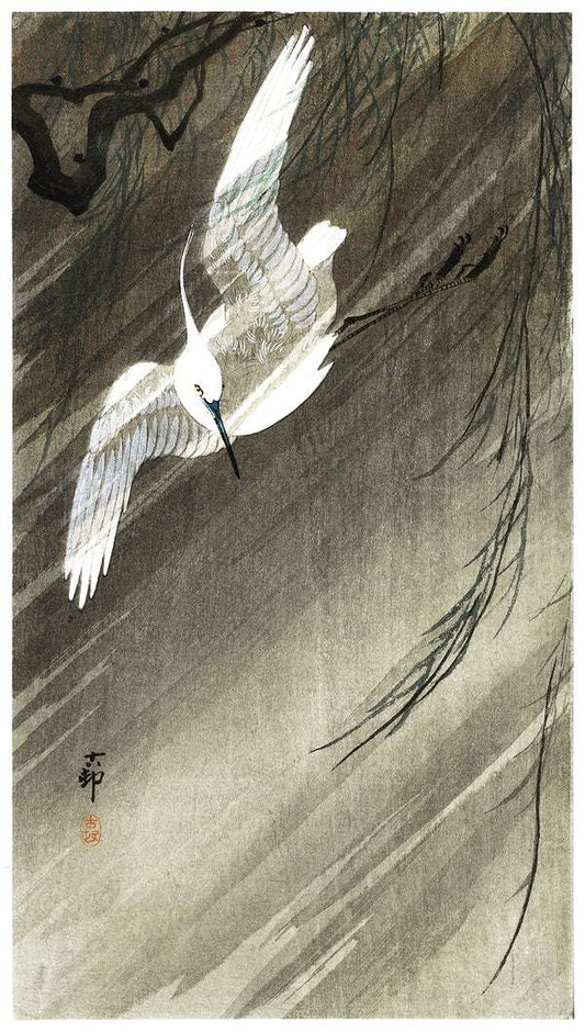 Egret in storm (1900 - 1936) by Ohara Koson