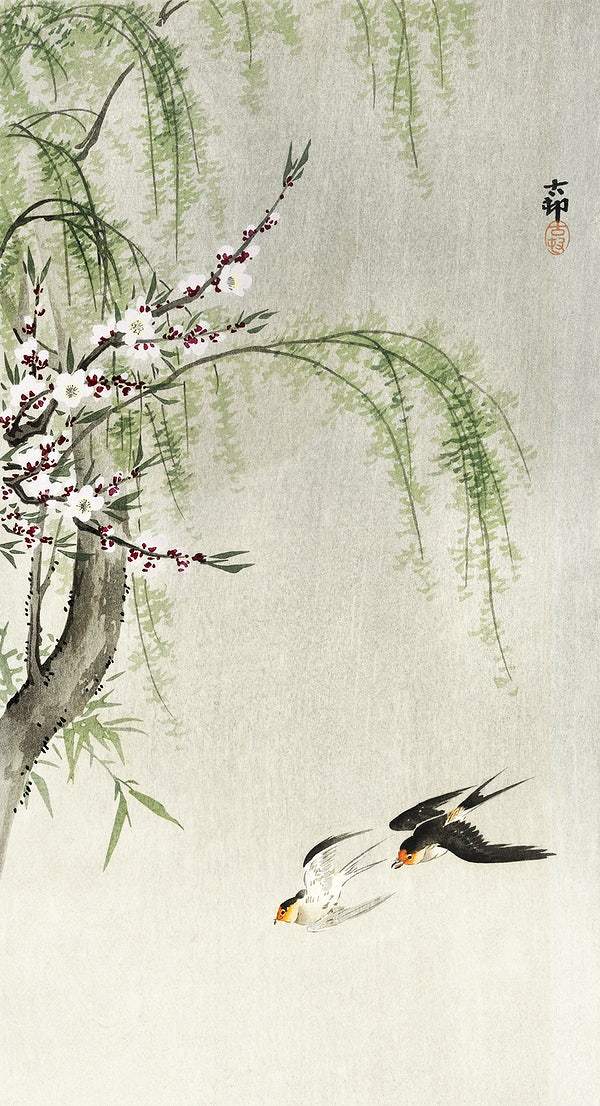 A Swallows in flight (1900 - 1930) by Ohara Koson